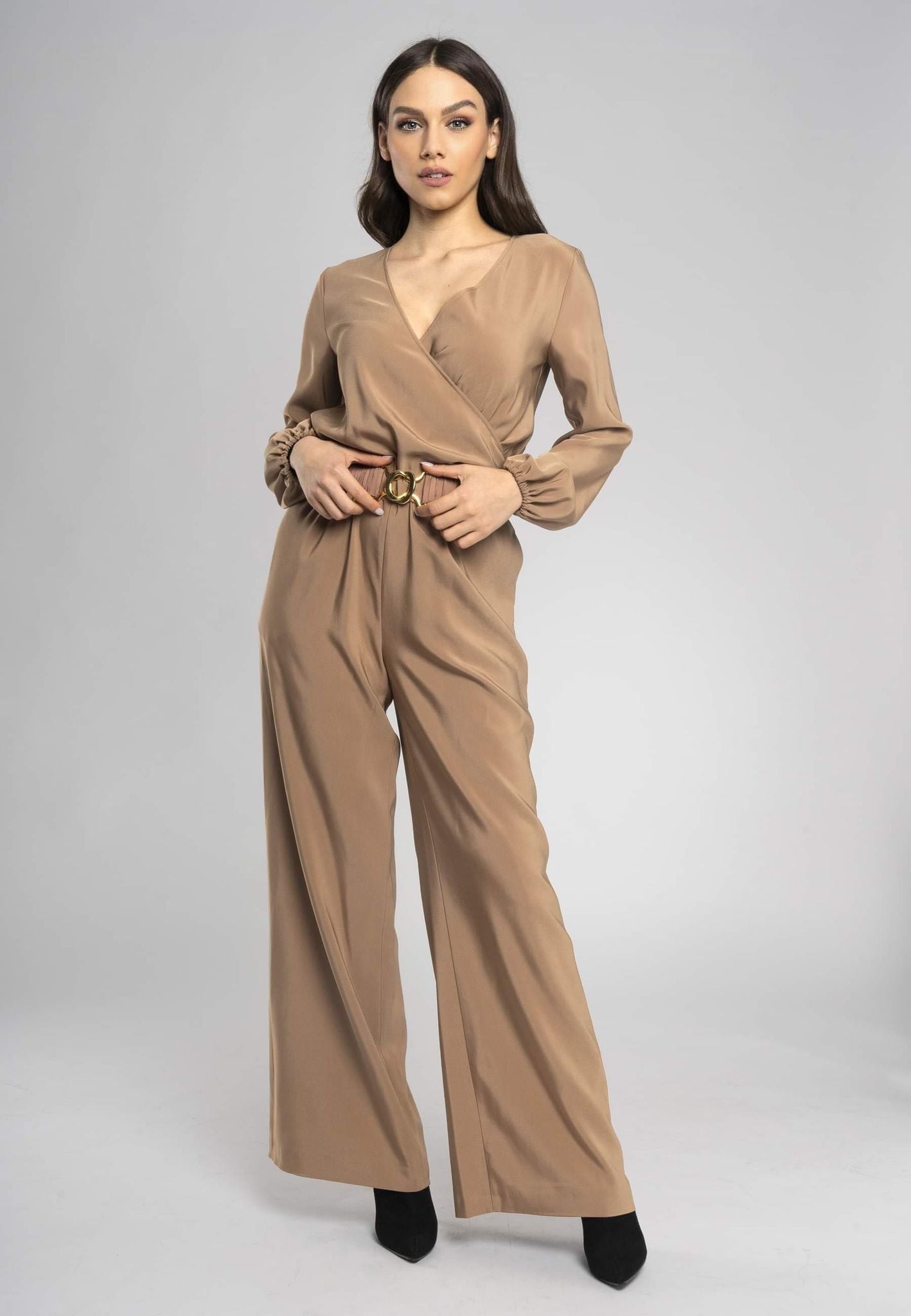 Lara s Jumpsuit Beige Elegant V Neck Wide Leg Jumpsuit with handmade matching Belt and Long Sleeves