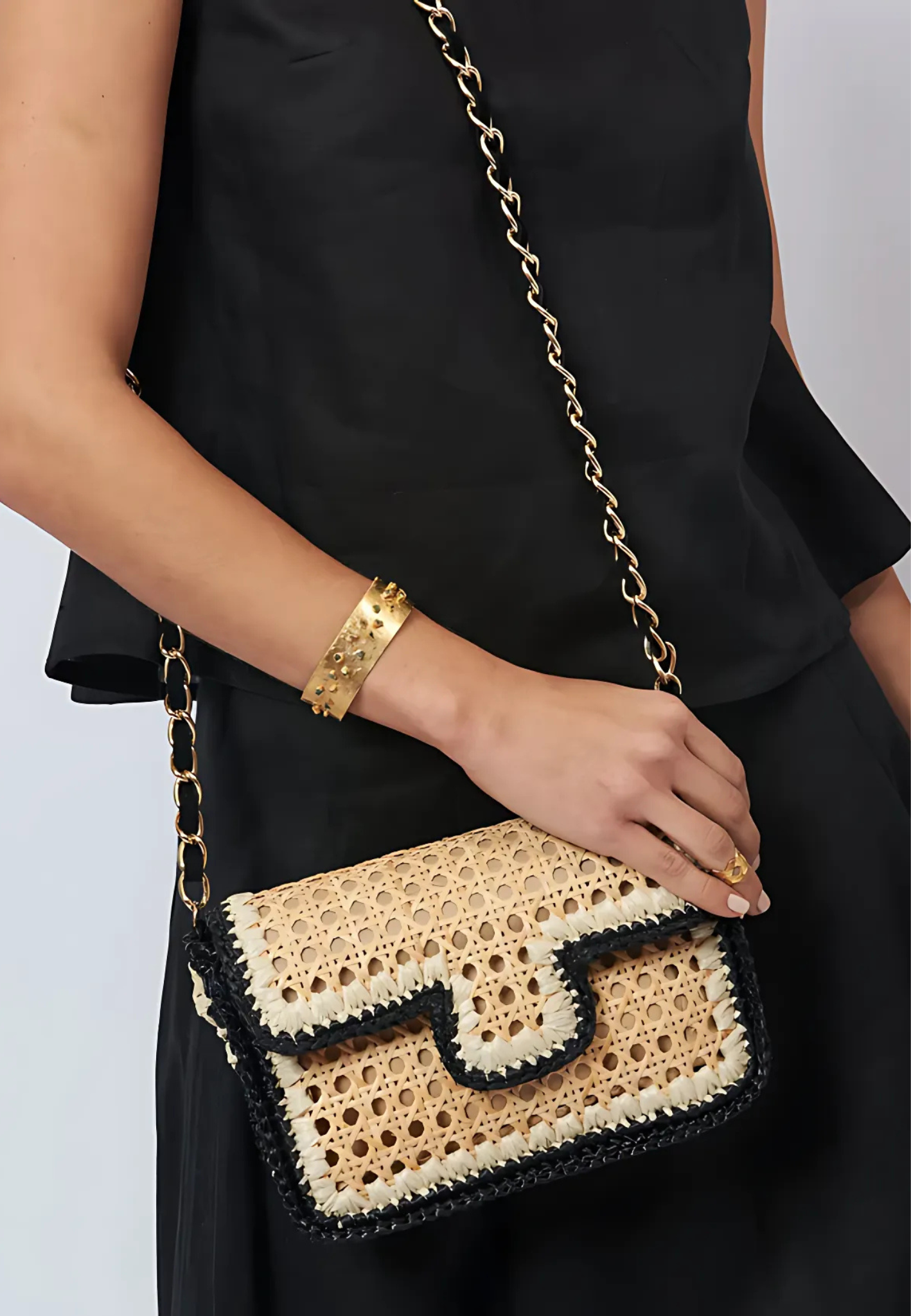 Raffia Bag - Ginevra Rattan and Raffia Bag Black and off-white