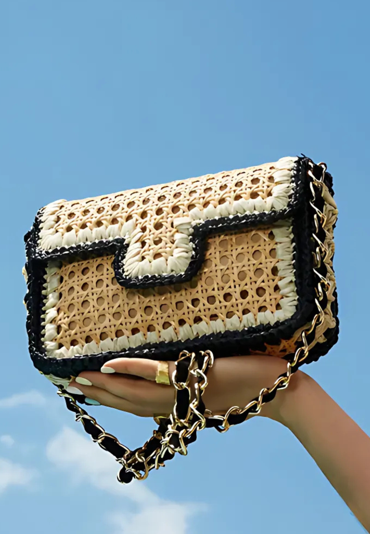 Raffia Bag - Ginevra Rattan and Raffia Bag Black and off-white