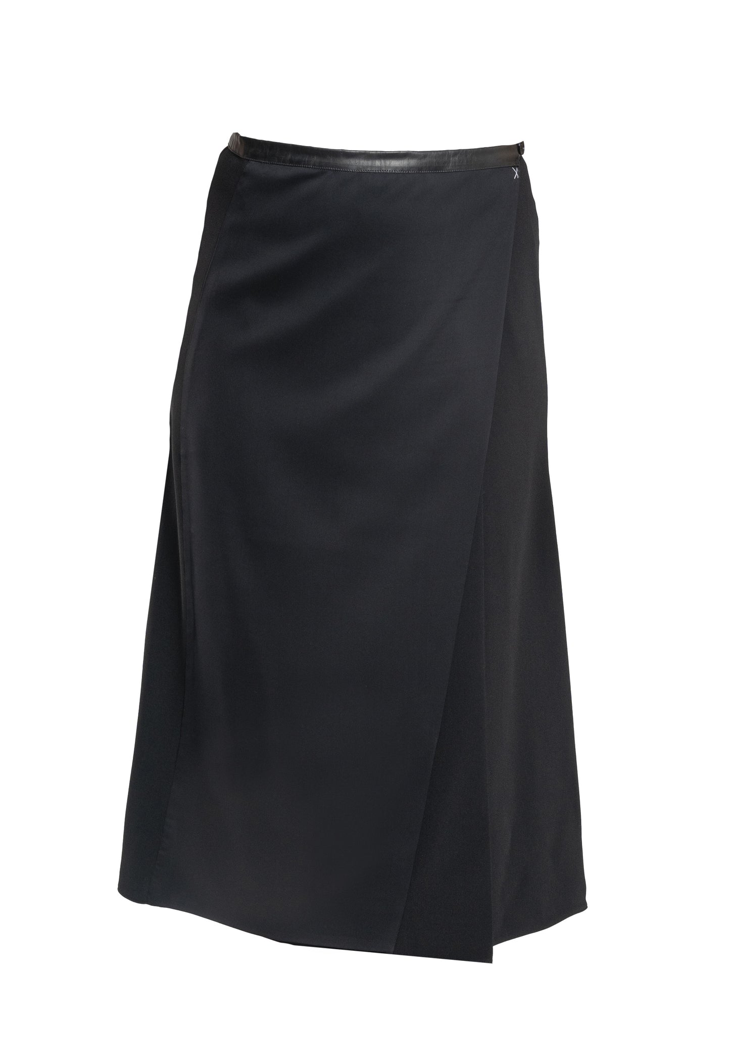 Italian made midi skirt, chic eco-friendly skirt, Italian viscose skirt, black A-line skirt, split midi skirt, stylish eco-leather waistband, luxury Italian fabric, sustainable fashion skirt