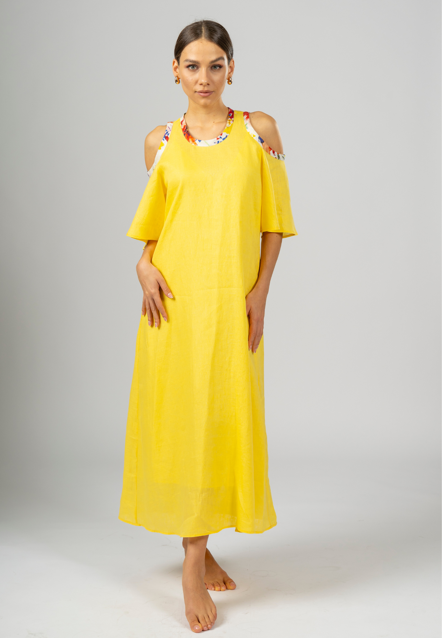 Yellow maxi dress, Linen maxi dress, Italian linen dress, Elegant maxi dress, Summer maxi dress, Cut-out sleeve dress, Stylish dresses for women, Breathable dress fabric, Long yellow dress, Modern linen dress, Lightweight linen dresses