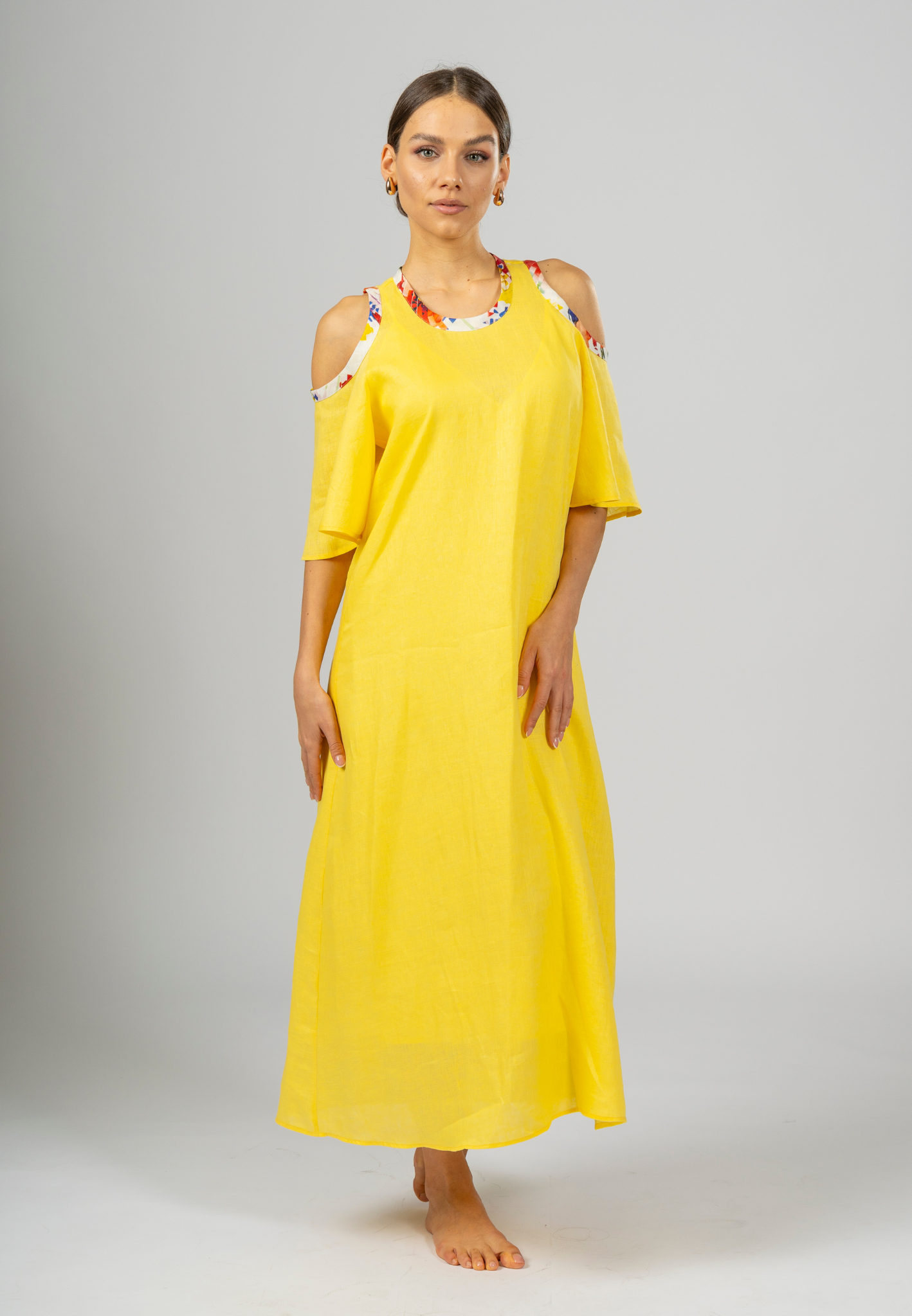 Yellow maxi dress, Linen maxi dress, Italian linen dress, Elegant maxi dress, Summer maxi dress, Cut-out sleeve dress, Stylish dresses for women, Breathable dress fabric, Long yellow dress, Modern linen dress, Lightweight linen dresses