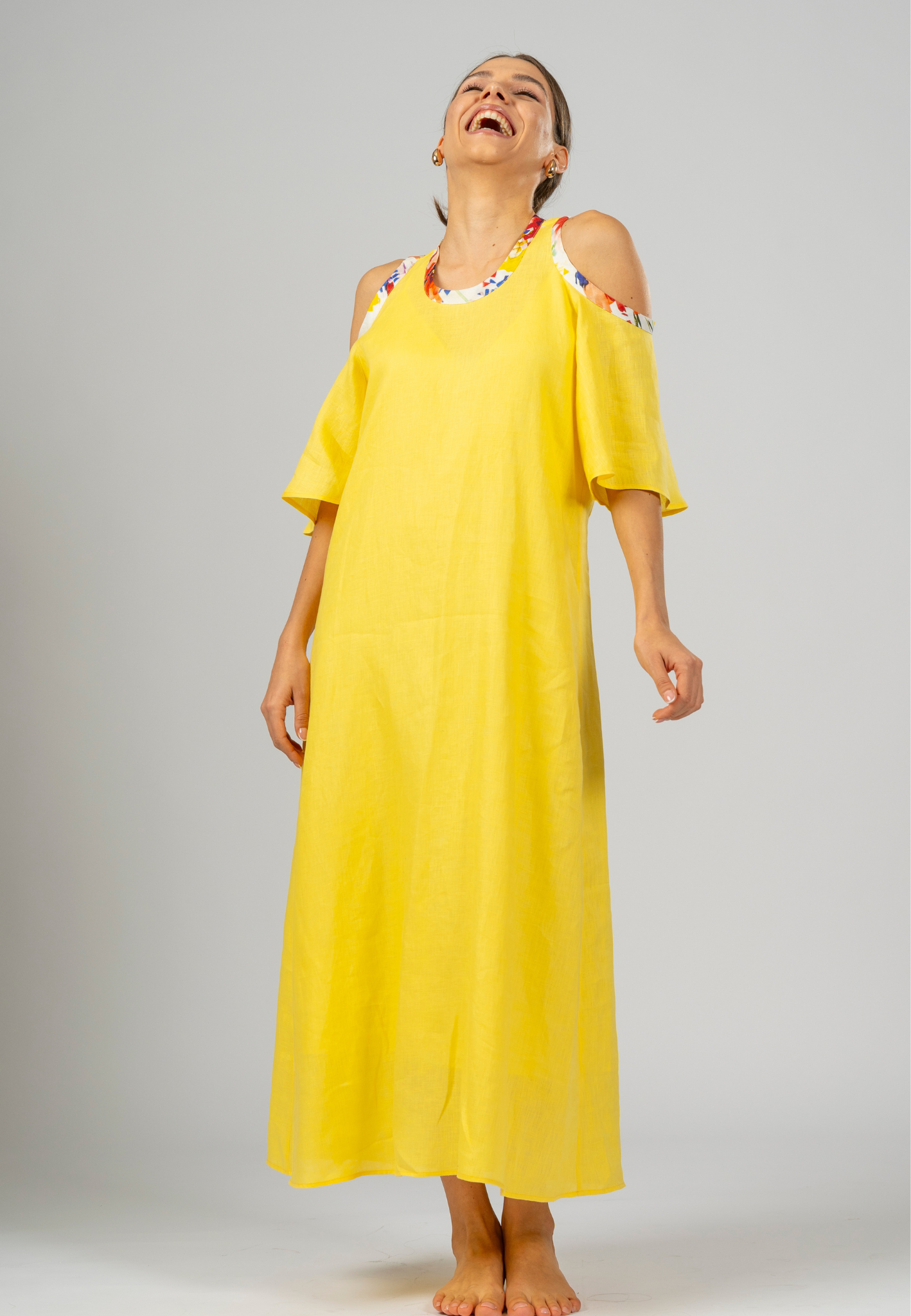 Yellow maxi dress, Linen maxi dress, Italian linen dress, Elegant maxi dress, Summer maxi dress, Cut-out sleeve dress, Stylish dresses for women, Breathable dress fabric, Long yellow dress, Modern linen dress, Lightweight linen dresses