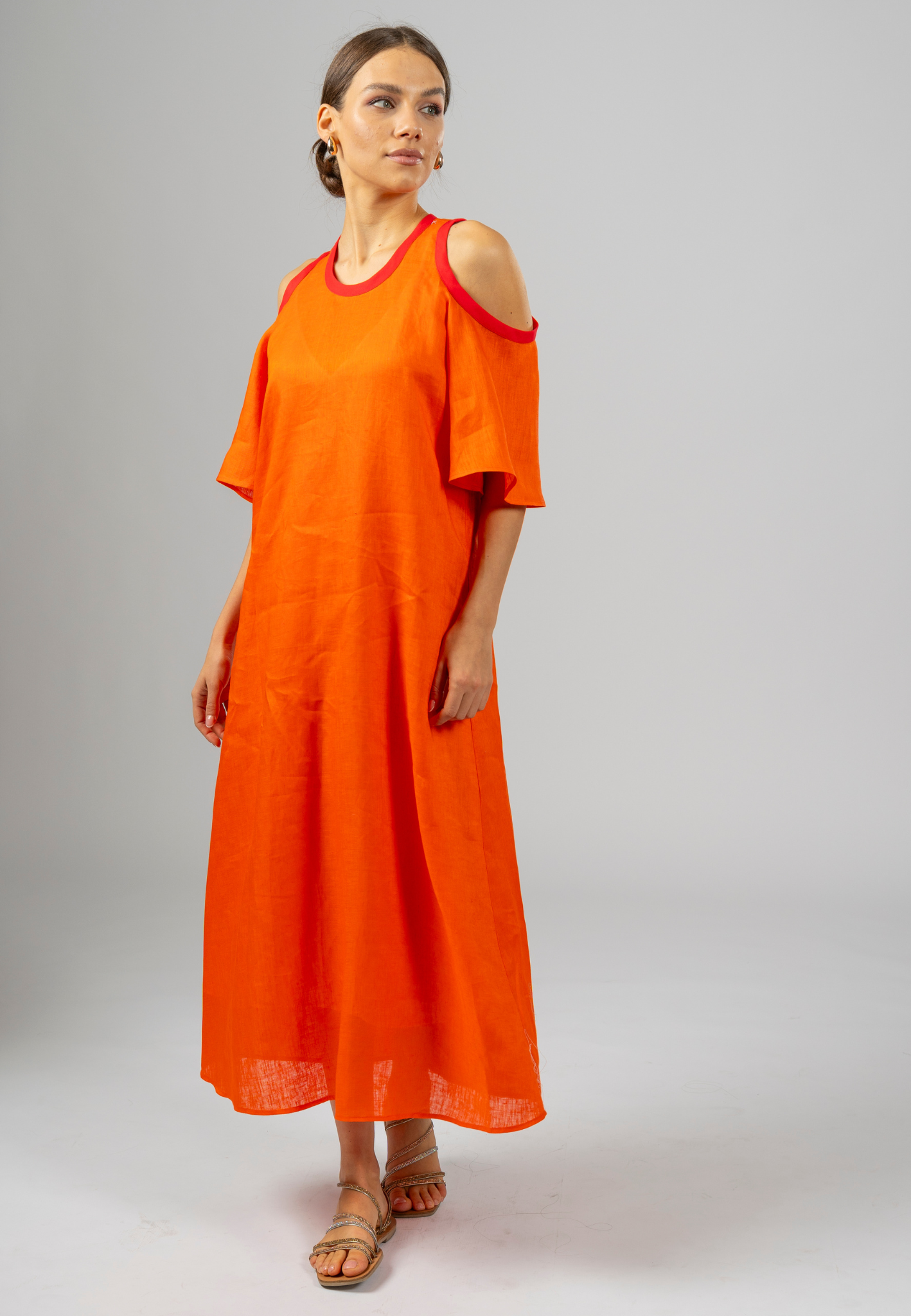 Orange maxi dress, Linen maxi dress, Italian linen dress, Elegant maxi dress, Summer maxi dress, Cut-out sleeve dress, Stylish dresses for women, Breathable dress fabric, Long yellow dress, Modern linen dress, Lightweight linen dresses