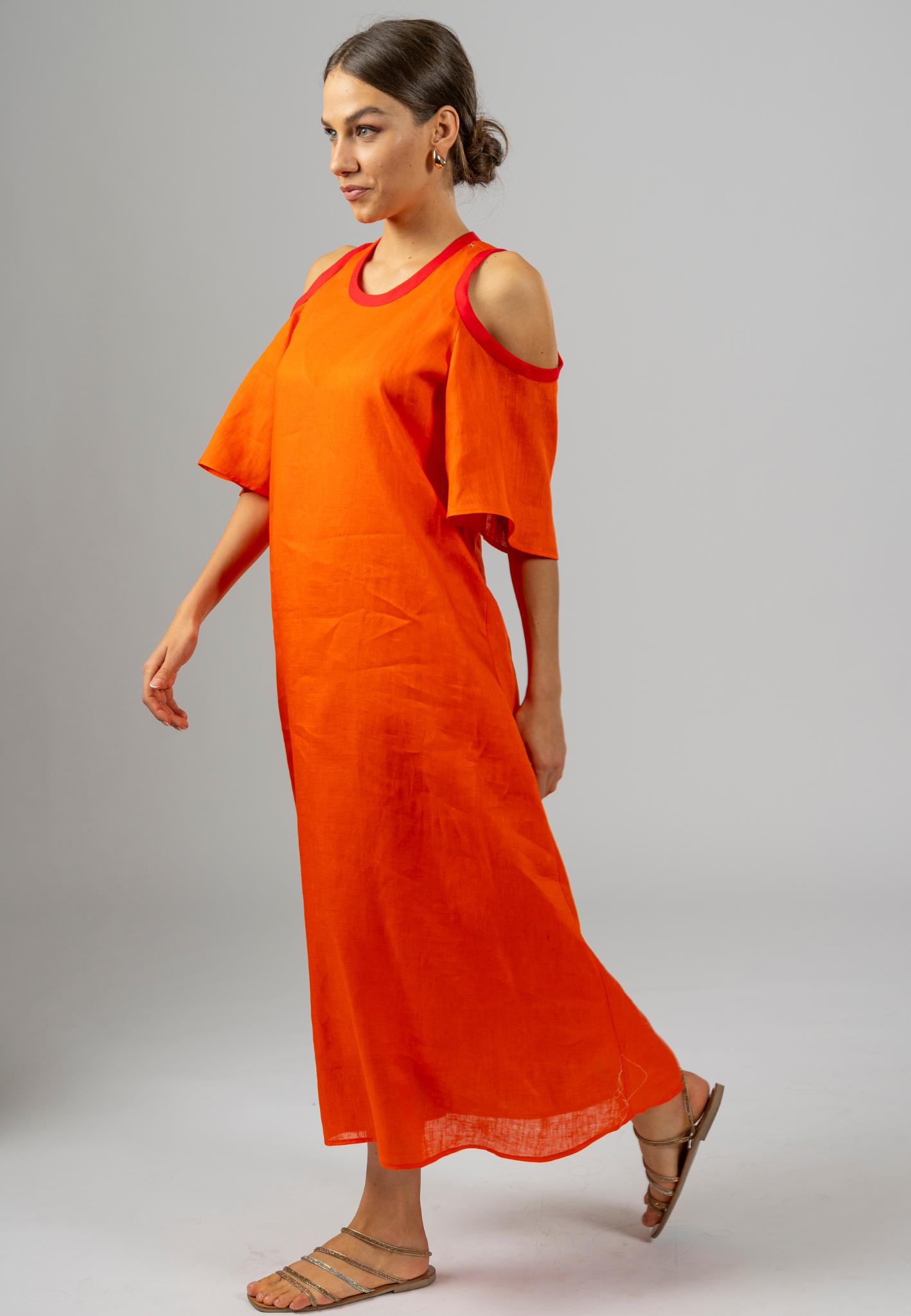 Orange maxi dress, Linen maxi dress, Italian linen dress, Elegant maxi dress, Summer maxi dress, Cut-out sleeve dress, Stylish dresses for women, Breathable dress fabric, Long yellow dress, Modern linen dress, Lightweight linen dresses