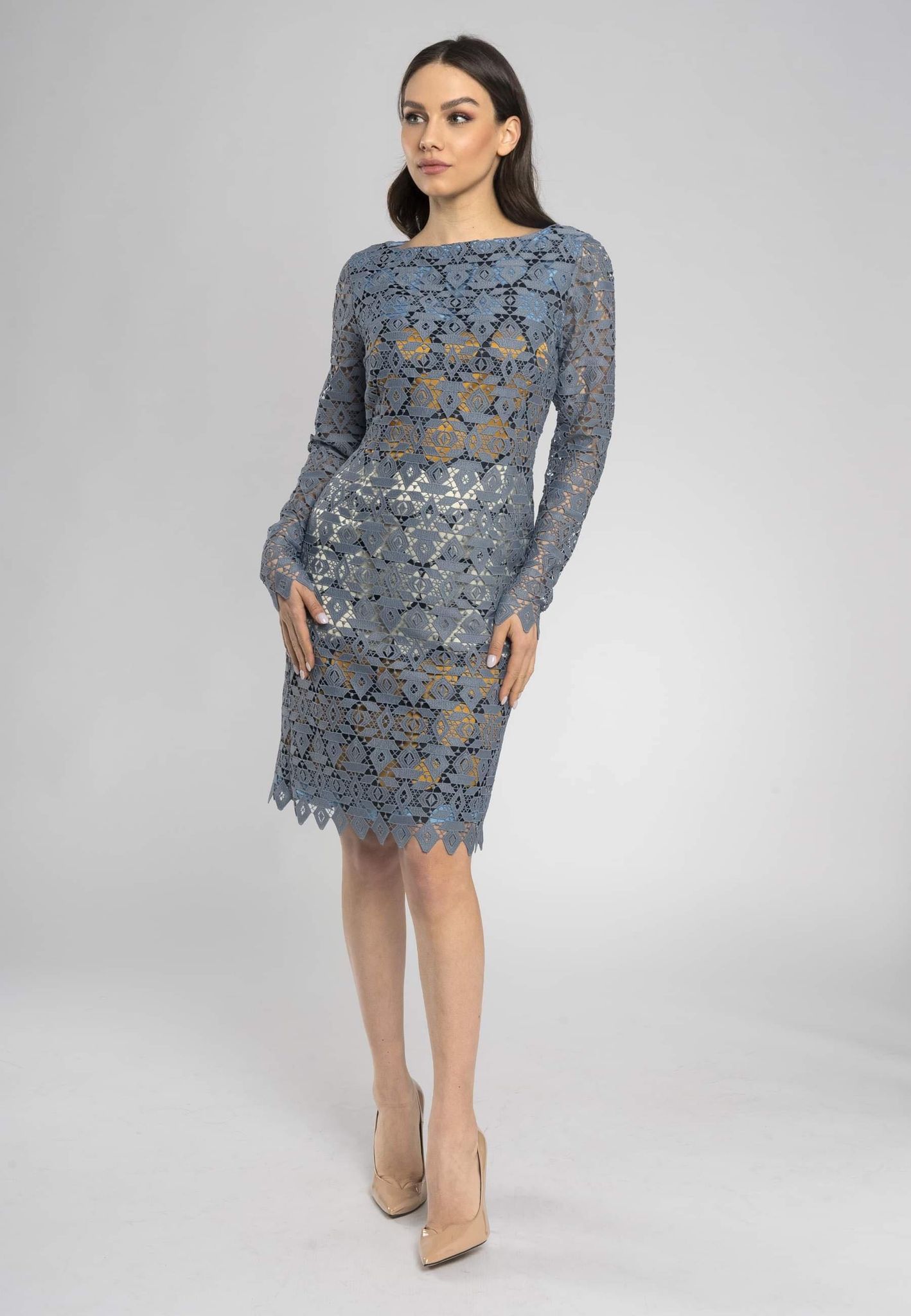 Italian lace sheath dress, modern feminine dress, elegant lace overlay dress, high-fashion dress, stylish floral lace dress