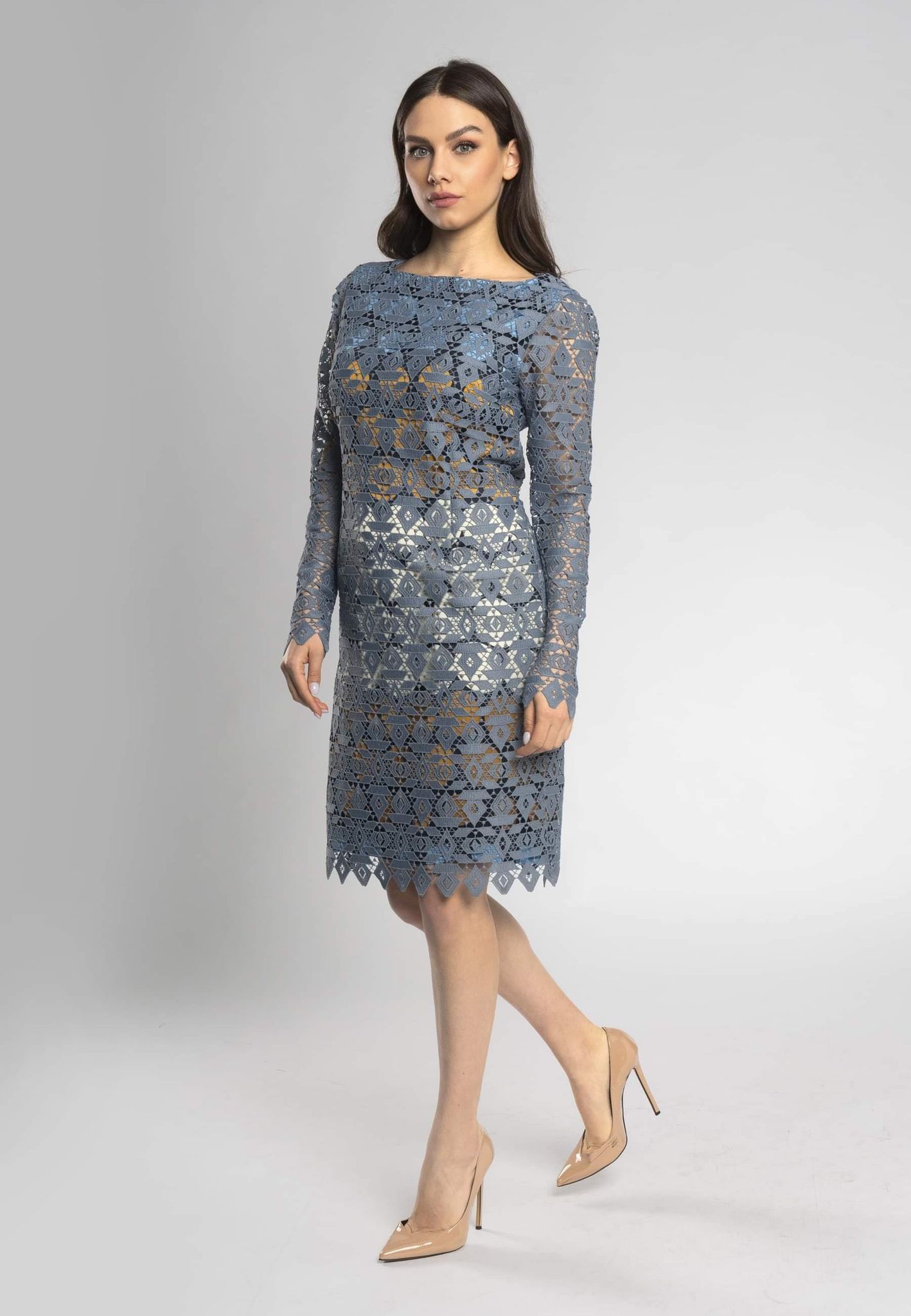 Italian lace sheath dress, modern feminine dress, elegant lace overlay dress, high-fashion dress, stylish floral lace dress