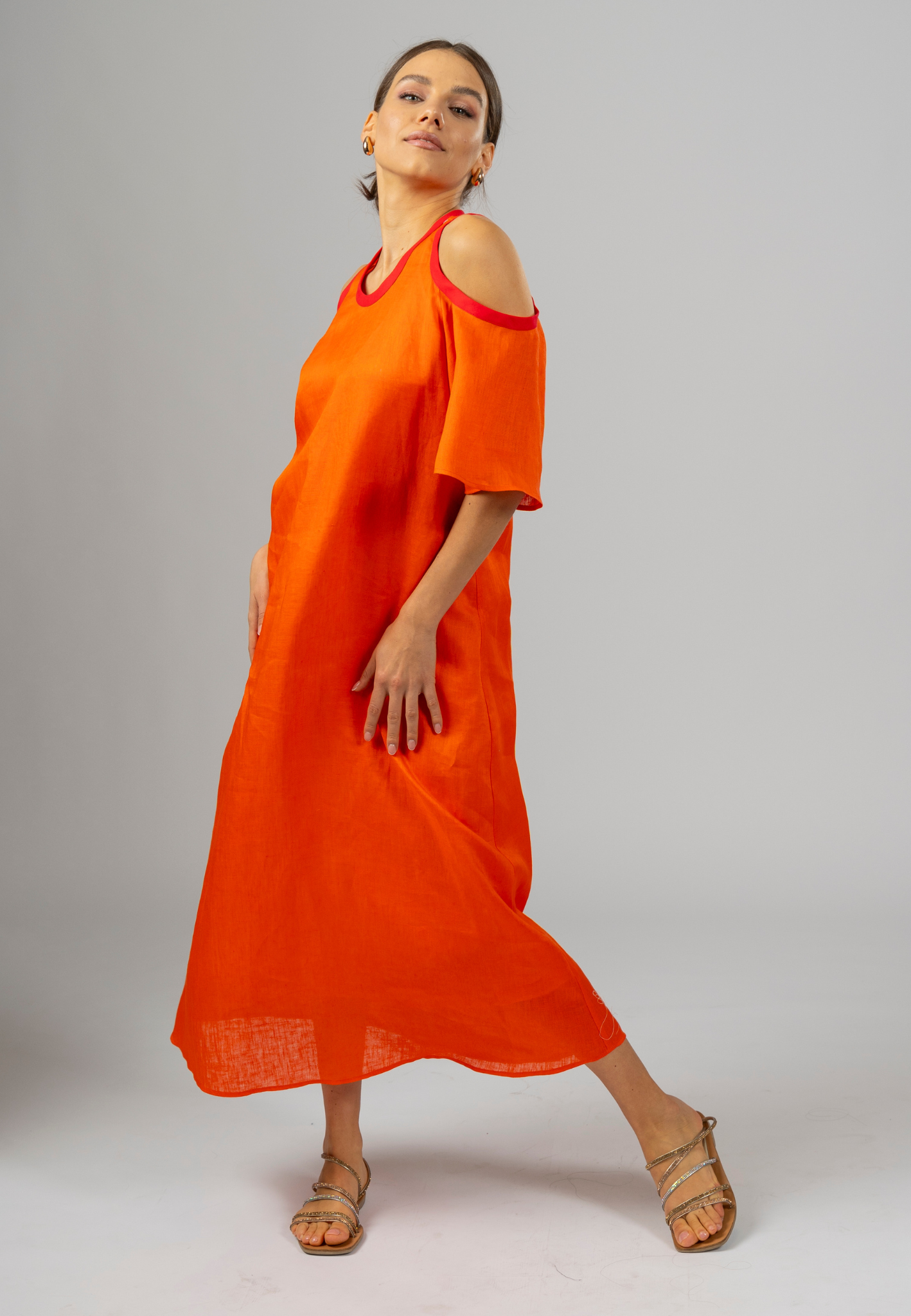 Orange maxi dress, Linen maxi dress, Italian linen dress, Elegant maxi dress, Summer maxi dress, Cut-out sleeve dress, Stylish dresses for women, Breathable dress fabric, Long yellow dress, Modern linen dress, Lightweight linen dresses