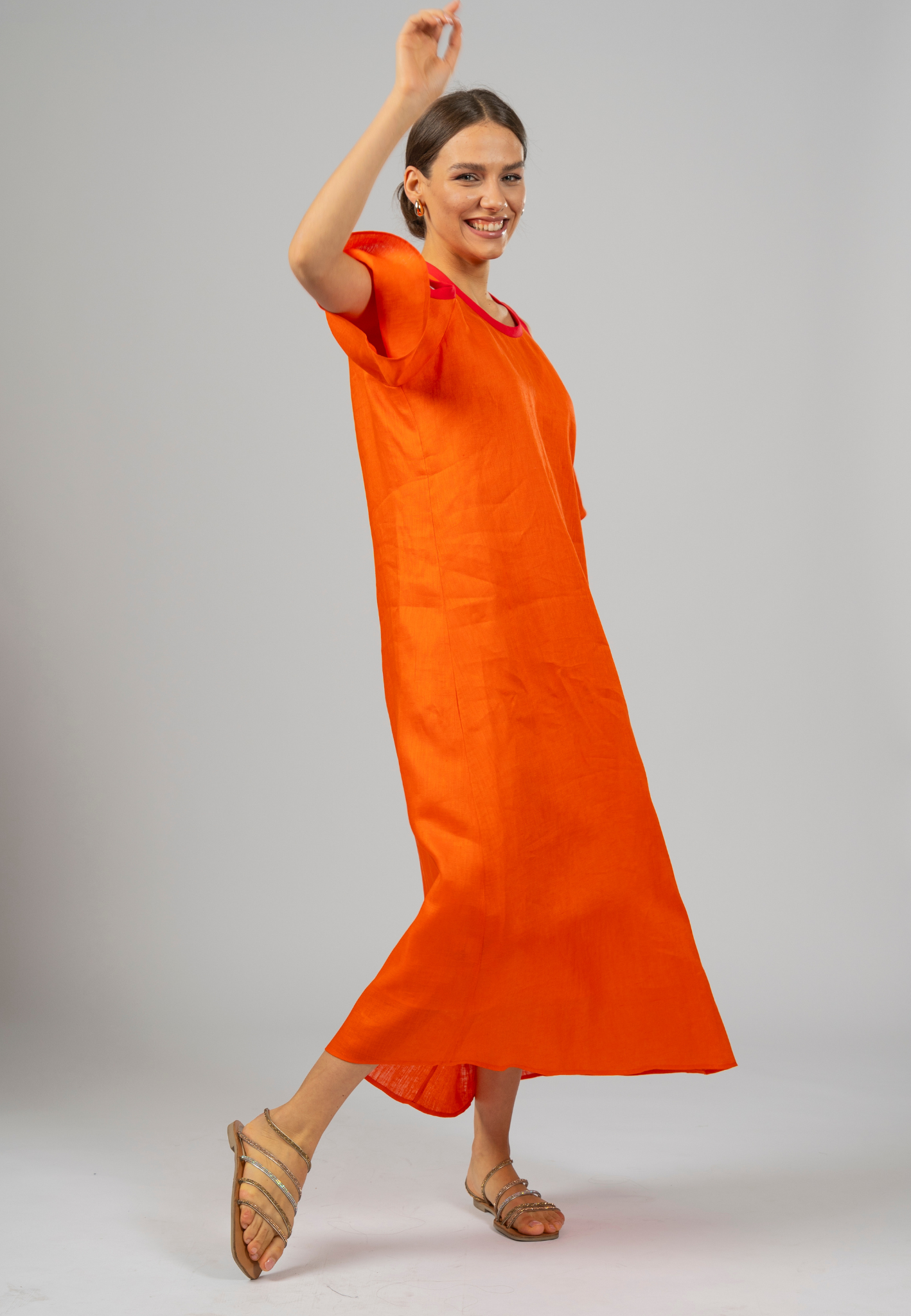 Orange maxi dress, Linen maxi dress, Italian linen dress, Elegant maxi dress, Summer maxi dress, Cut-out sleeve dress, Stylish dresses for women, Breathable dress fabric, Long yellow dress, Modern linen dress, Lightweight linen dresses