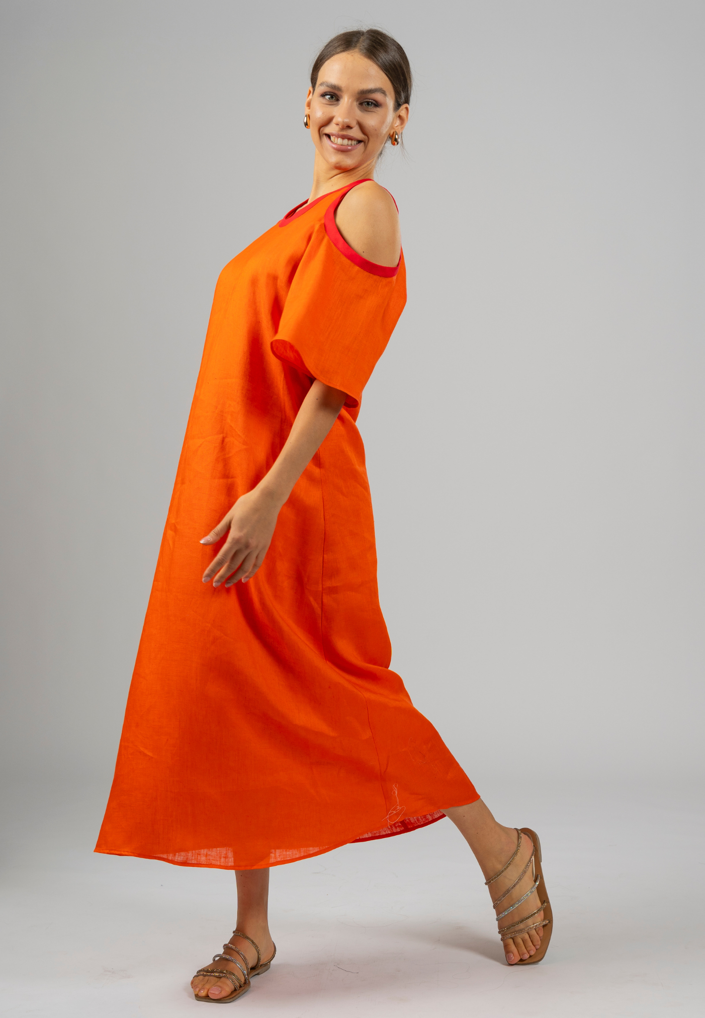 Orange maxi dress, Linen maxi dress, Italian linen dress, Elegant maxi dress, Summer maxi dress, Cut-out sleeve dress, Stylish dresses for women, Breathable dress fabric, Long yellow dress, Modern linen dress, Lightweight linen dresses