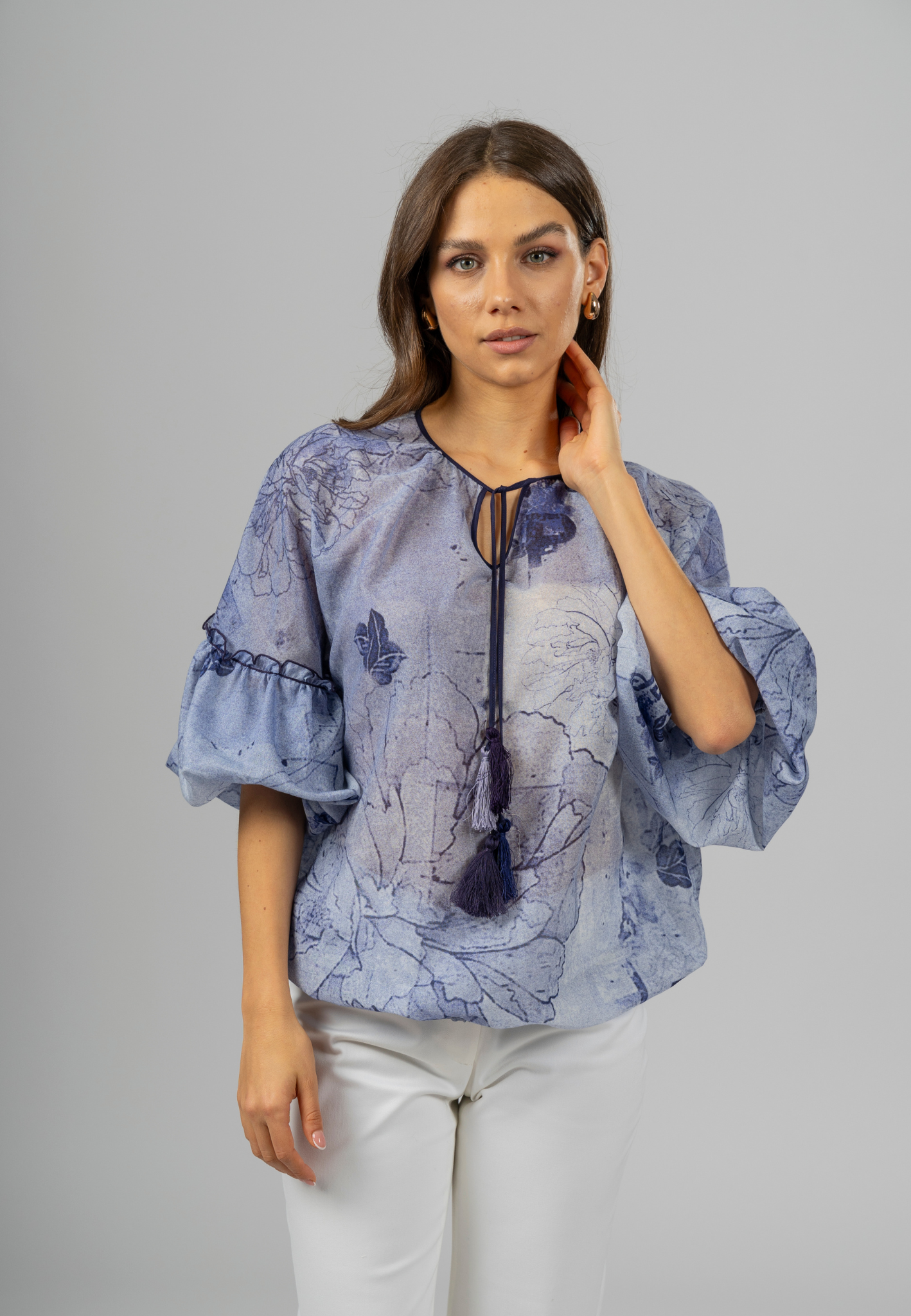 Italian cotton blouse, women's fashion blouses, elegant women's tops, luxury women's blouses, designer cotton blouses, made in Italy clothing, floral print blouse, tassel neck blouse, batiste cotton clothing, artisanal Italian blousem, premium Italian craftsmanship