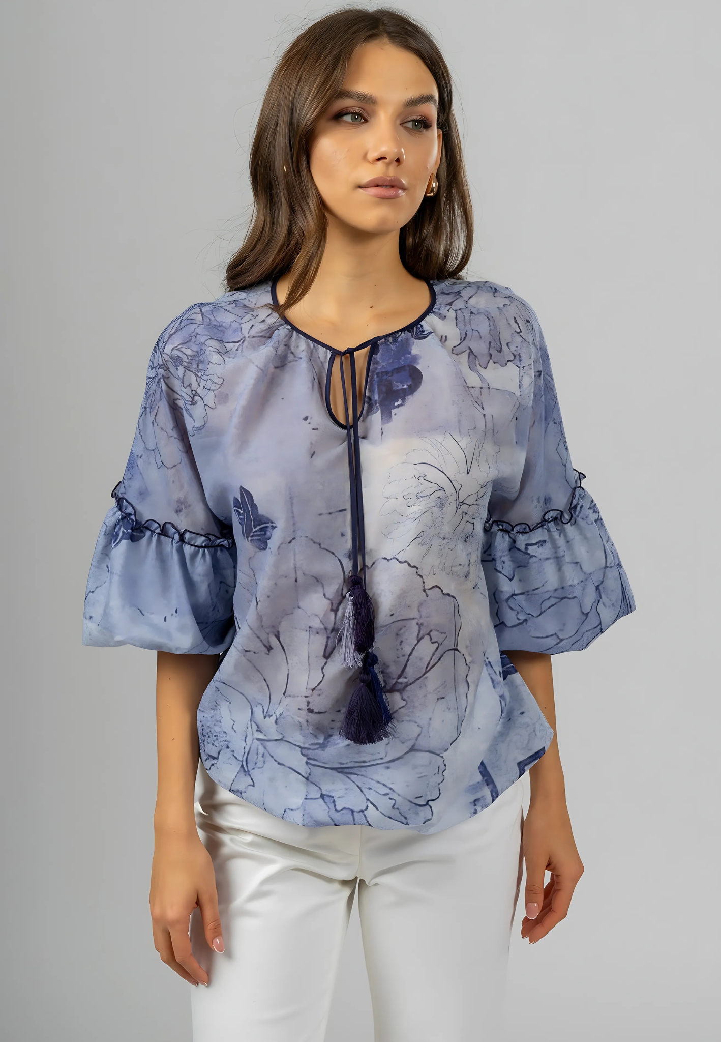 Italian cotton blouse, women's fashion blouses, elegant women's tops, luxury women's blouses, designer cotton blouses, made in Italy clothing, floral print blouse, tassel neck blouse, batiste cotton clothing, artisanal Italian blousem, premium Italian craftsmanship