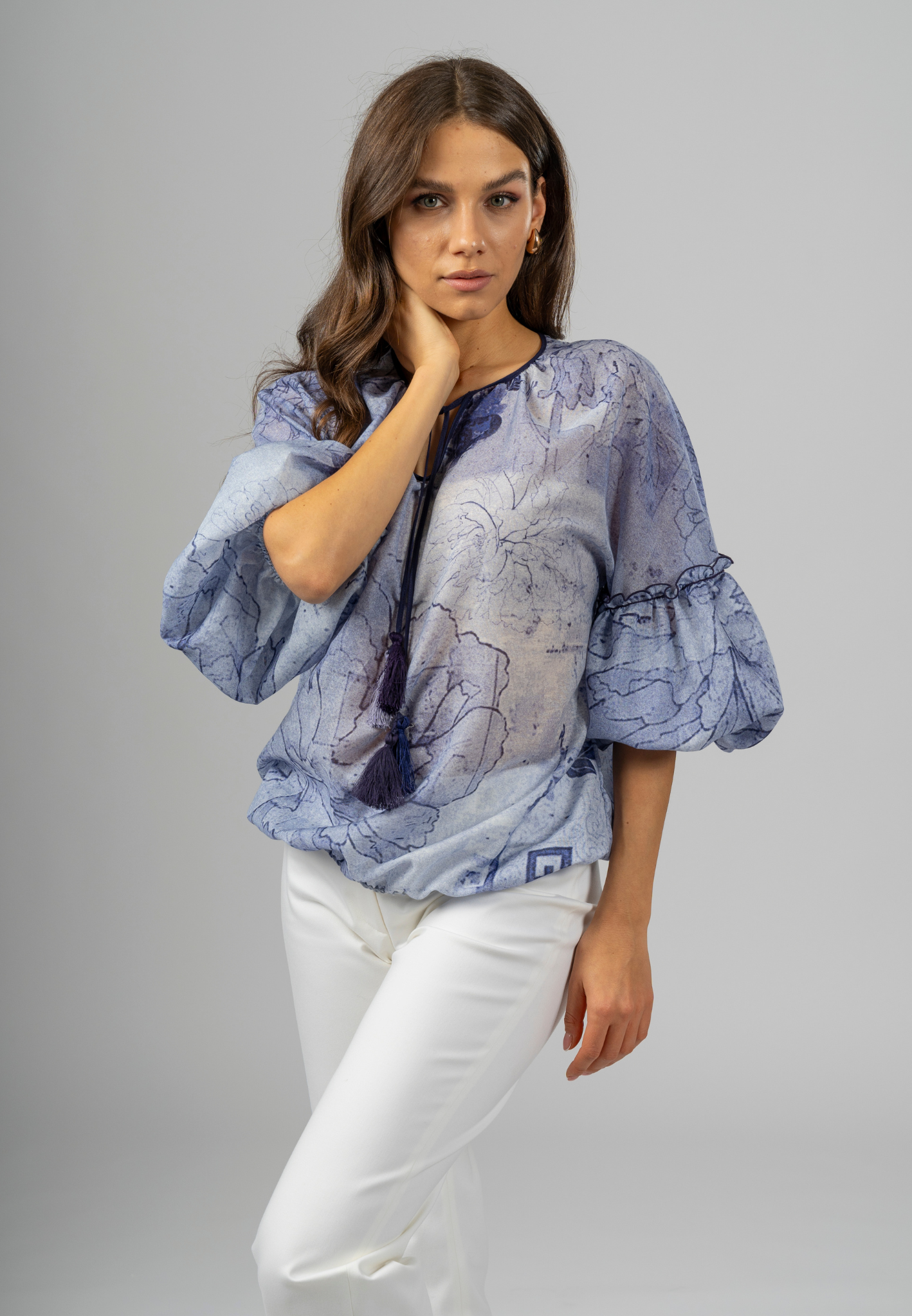 Italian cotton blouse, women's fashion blouses, elegant women's tops, luxury women's blouses, designer cotton blouses, made in Italy clothing, floral print blouse, tassel neck blouse, batiste cotton clothing, artisanal Italian blousem, premium Italian craftsmanship