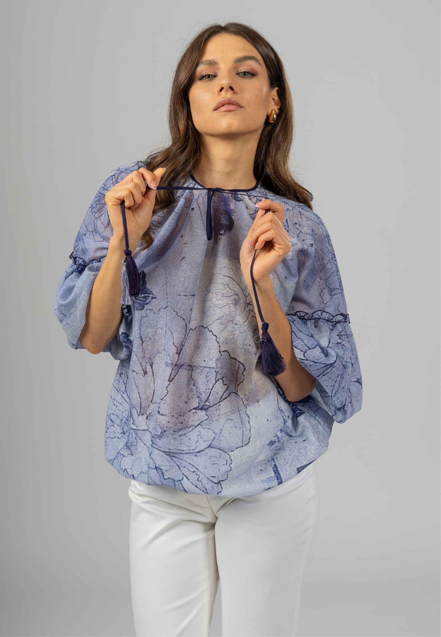 Italian cotton blouse, women's fashion blouses, elegant women's tops, luxury women's blouses, designer cotton blouses, made in Italy clothing, floral print blouse, tassel neck blouse, batiste cotton clothing, artisanal Italian blousem, premium Italian craftsmanship