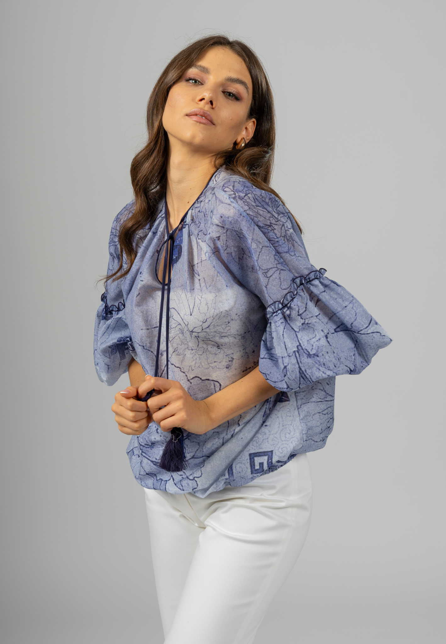 Italian cotton blouse, women's fashion blouses, elegant women's tops, luxury women's blouses, designer cotton blouses, made in Italy clothing, floral print blouse, tassel neck blouse, batiste cotton clothing, artisanal Italian blousem, premium Italian craftsmanship