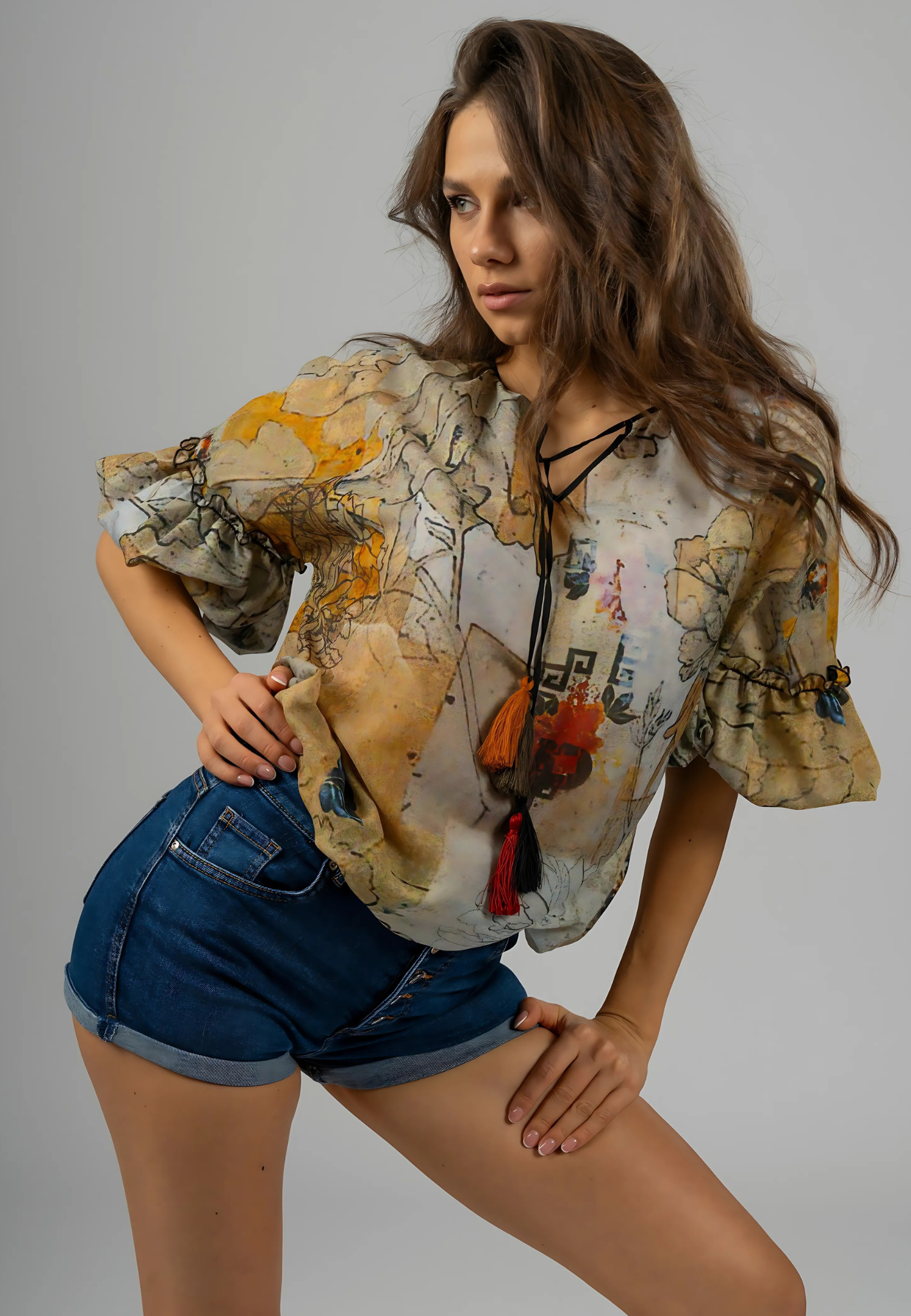 
Italian cotton blouse, women's fashion blouses, elegant women's tops, luxury women's blouses, designer cotton blouses, made in Italy clothing, floral print blouse, tassel neck blouse, batiste cotton clothing, artisanal Italian blousem, premium Italian craftsmanship
